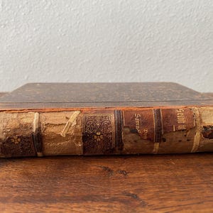 May include: An antique book with a weathered brown leather spine featuring raised bands and gold-embossed decorative patterns. The spine shows significant wear, with frayed edges and exposed binding material. The text "Selbt in" is visible.