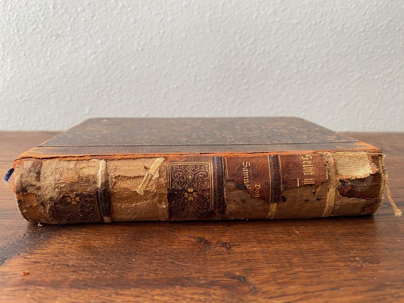 May include: An antique book with a weathered brown leather spine featuring raised bands and gold-embossed decorative patterns. The spine shows significant wear, with frayed edges and exposed binding material. The text "Selbt in" is visible.