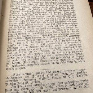May include: A page from an antique book featuring dense black German text printed on aged, off-white paper. The text discusses religious and educational themes, including a reference to Samuel Smiles and the title Hilf dir selbst.