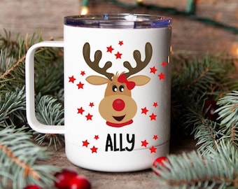 Girl reindeer hot cocoa mug for kids, reindeer hot cocoa mug, Christmas cocoa mug for kids, Christmas hot cocoa mug with lid for kids