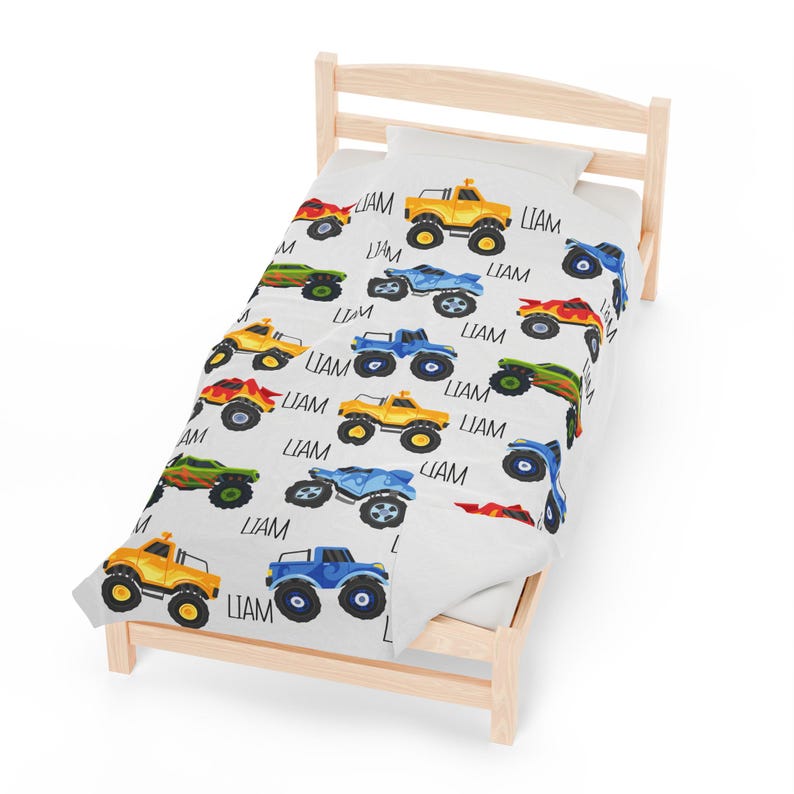 Velveteen Plush Blanket - Personalized Monster Truck Kids Blanket, Christmas Gift for Boys, Big Truck Blanket with Name, Kids Bedroom Decor, image 7