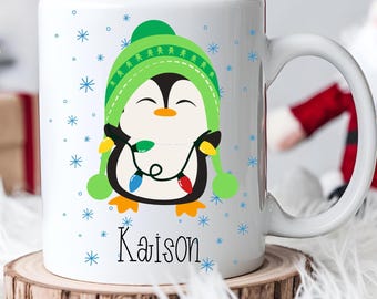 Ceramic Mug, Kids Christmas Penguin Hot Cocoa Mug, Personalized Children's Hot Chocolate Cup, Christmas Gift, 11oz 15oz, Holiday Mug for