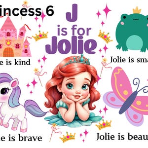 May include: A personalized printable for a girl named Jolie. The design features a pink castle, a unicorn, a butterfly, a frog, and a princess with red hair. The text says "Princess 6" and "J is for Jolie". There are also several phrases describing Jolie's personality, such as "Jolie is kind", "Jolie is smart", "Jolie is brave", and "Jolie is beautiful".