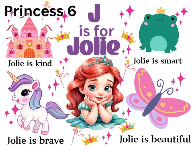 May include: A personalized printable for a girl named Jolie. The design features a pink castle, a unicorn, a butterfly, a frog, and a princess with red hair. The text says "Princess 6" and "J is for Jolie". There are also several phrases describing Jolie's personality, such as "Jolie is kind", "Jolie is smart", "Jolie is brave", and "Jolie is beautiful".