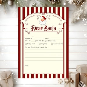 Carta imprimible a Papá Noel, recuerdo navideño para niños, descarga de carta a Papá Noel, plantilla para escribir a Papá Noel, lista de deseos de Papá Noel para imprimir, manualidades divertidas