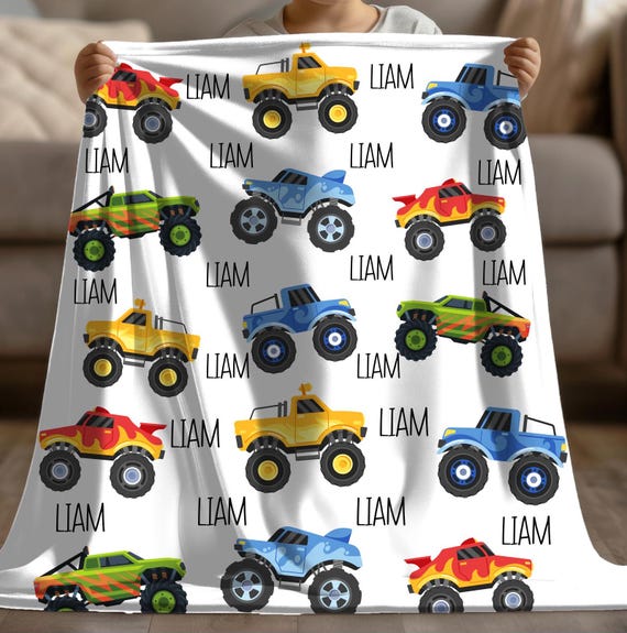Velveteen Plush Blanket - Personalized Monster Truck Kids Blanket, Christmas Gift for Boys, Big Truck Blanket with Name, Kids Bedroom Decor,