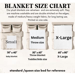 May include: A chart showing the different sizes of plush blankets. The sizes are small (30" x 40"), medium (50" x 60"), and X-large (60" x 80"). The chart also includes descriptions of each size, such as "baby blanket" and "toddler/kids size".