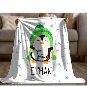 Penguin Plush Blanket, Kids Gift, Holiday Present, Velveteen Throw, Cozy Bedding, Christmas gift for kids holiday penguin blanket with name