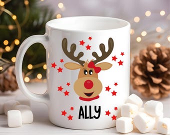 Kids reindeer hot cocoa mug for Chirstmas, Kids personalized hot cocoa mug with reindeer, Kids custom hot cocoa mug for Christmas