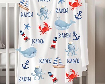 Velveteen Plush Blanket, Nautical Baby Blanket, Ocean Life Theme, Under the Sea Nursery, Whale Baby Blanket, Kids Bedroom Decor