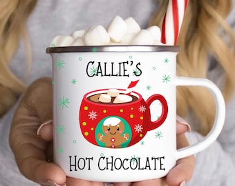 Kids Santa Camp Mug, Personalized Holiday Hot Chocolate Cup, Kids Gift with Name, Enamel Camping Mug, Christmas Camp Mug