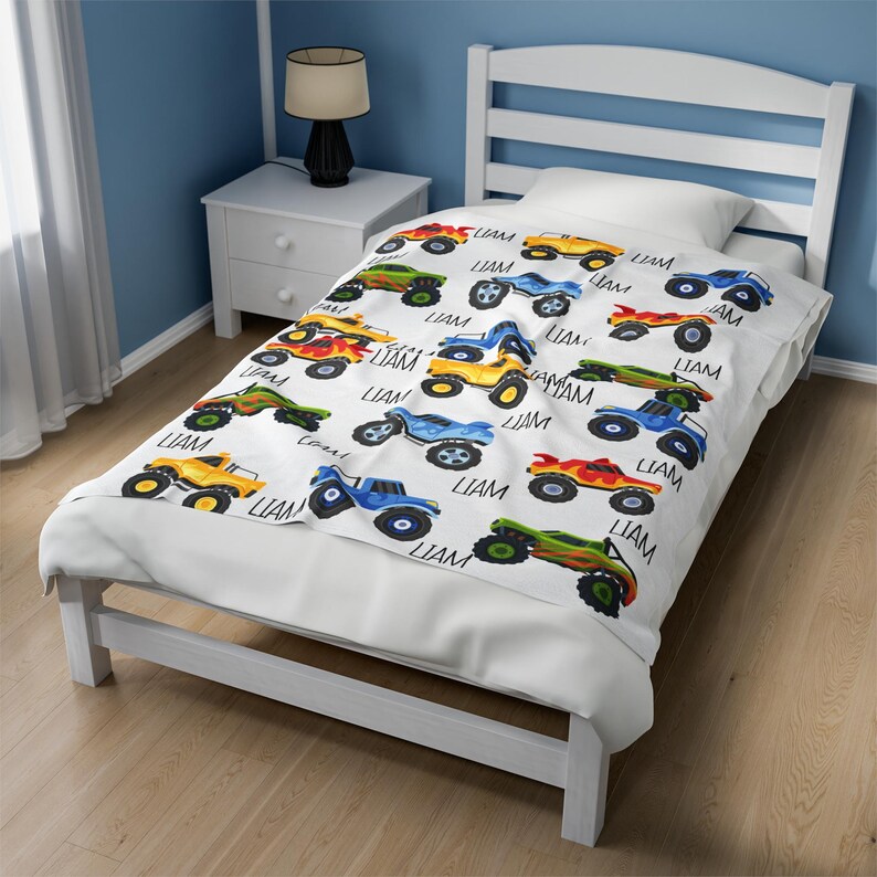 Velveteen Plush Blanket - Personalized Monster Truck Kids Blanket, Christmas Gift for Boys, Big Truck Blanket with Name, Kids Bedroom Decor, image 5