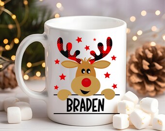 Kids reindeer hot cocoa mug for Chirstmas, Kids personalized hot cocoa mug with reindeer, Kids custom hot cocoa mug for Christmas