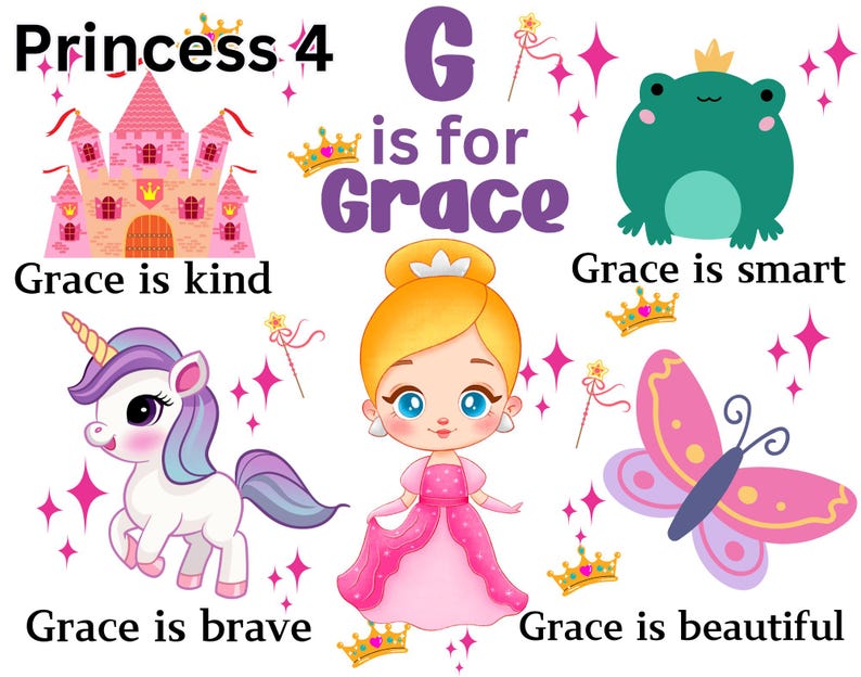 May include: A pink princess castle with a gold crown on top. The letter G is for Grace, and the image includes a unicorn, a butterfly, a frog, and a princess. The text says "Grace is kind", "Grace is smart", "Grace is brave", and "Grace is beautiful".