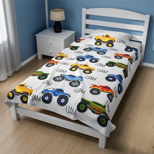 Velveteen Plush Blanket - Personalized Monster Truck Kids Blanket, Christmas Gift for Boys, Big Truck Blanket with Name, Kids Bedroom Decor, image 6