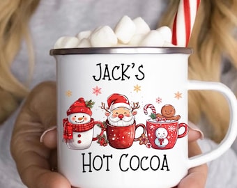 Custom Kids Santa Camp Mug, Personalized Holiday Hot Chocolate Cup, Kids Gift with Name, Enamel Camping Mug, Christmas Camp Mug