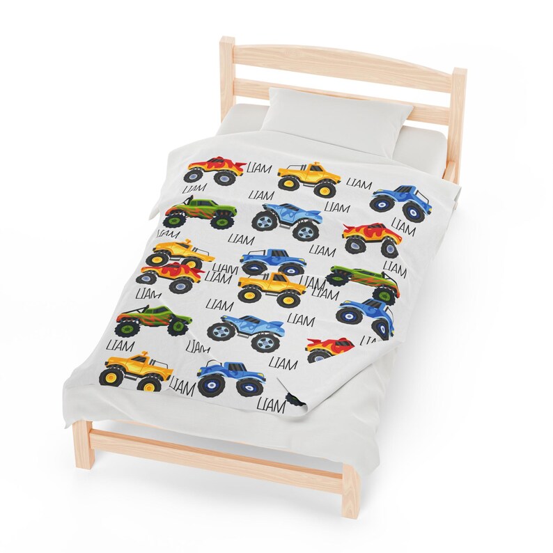 Velveteen Plush Blanket - Personalized Monster Truck Kids Blanket, Christmas Gift for Boys, Big Truck Blanket with Name, Kids Bedroom Decor, image 4