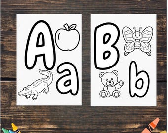 May include: Black and white printable coloring pages featuring the letters A and B with accompanying images. The letter A has an apple and an alligator, while the letter B has a butterfly and a teddy bear.