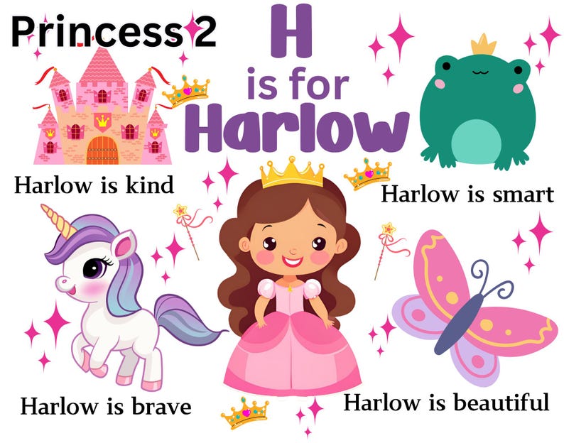 May include: A pink princess-themed alphabet chart with the letter H and the name Harlow. The chart features a pink castle, a unicorn, a butterfly, a frog, and a princess with a crown. The text on the chart says "H is for Harlow" and "Harlow is kind, smart, brave, and beautiful."