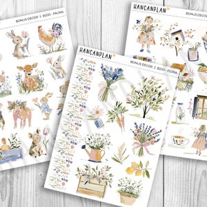 May include: Three sheets of decorative stickers with watercolor illustrations. The sheets are labeled "Bonus Decor" and feature themes of fauna, flora, and home. The fauna sheet includes animals like goats, rabbits, and a rooster. The flora sheet has flowers and plants.