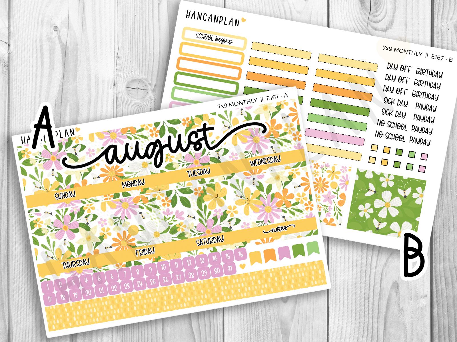 E-167 || 7x9 August Monthly | Busy Bee | Planner Kit | Erin Condren Kit