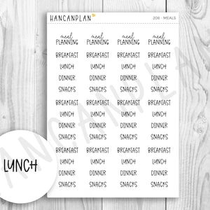 May include: A sheet of stickers with the words "meal planning", "breakfast", "lunch", "dinner", and "snacks" repeated multiple times. There is also a single sticker with the word "lunch" in a circle.