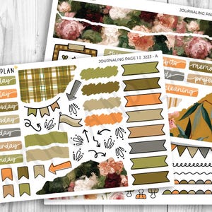 May include: Two sticker sheets labeled HANCANPLAN, JOURNALING PAGE 1, and JOURNALING PAGE 2. The sheets feature various planner stickers including days of the week, banners, arrows, floral patterns, plaid textures, and labels with text like habits and memories.