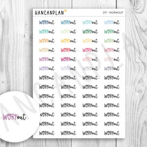 May include: A sheet of colorful stickers with the word "Workout" written in different colors and styles. There are 24 stickers in total, arranged in a grid of 4 columns and 6 rows. The stickers are on a white background.