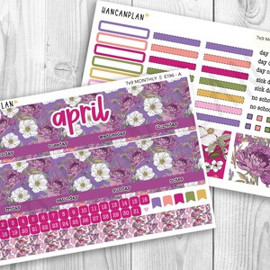 May include: Two sheets of planner stickers with floral designs. One sheet features the month of April with a purple floral background and a calendar. The second sheet has various stickers with text like "day off" and "payday".