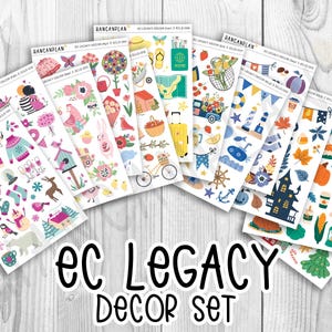 May include: A collection of decorative sticker sheets with various seasonal and themed illustrations. The sheets feature images of winter scenes, spring flowers, travel elements, and autumn motifs. The text "ec Legacy Decor Set" is displayed at the bottom.