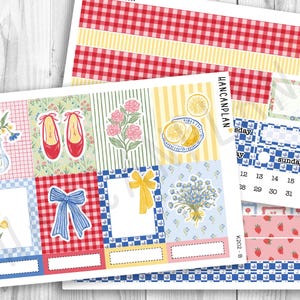 May include: Two sheets of planner stickers with a variety of designs. One sheet features red gingham and yellow stripes. The other sheet has floral, bow, and shoe illustrations, with the text "HANCANPLAN" and calendar elements.
