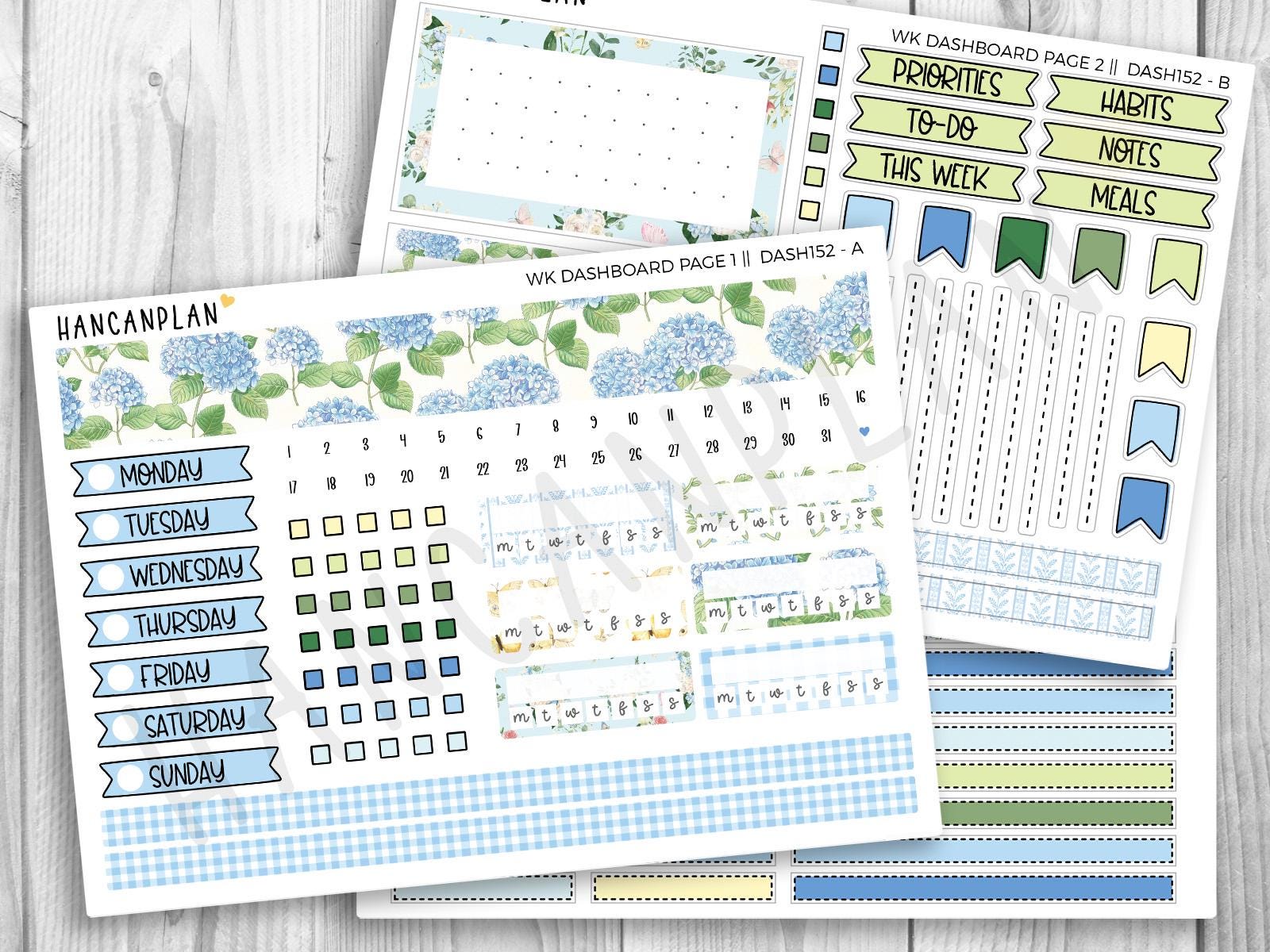 DASH-152 || Hydrangea | Erin Condren Dashboard Weekly Planner Kit – 3 Sheet Options | Handmade Planner Stickers