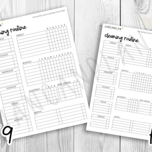 May include: Two printable cleaning routine checklists, one in 7x9 inches and the other in A5 size. The checklists are black and white and feature a grid layout with spaces for daily, weekly, monthly, quarterly, semi-annual, and annual tasks. The checklists are titled "cleaning routine" and include the text "HANCANPLAN" at the top.