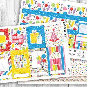 May include: Colorful birthday-themed planner stickers. Designs include a yellow cake, gifts, balloons, a cupcake, and the phrases "Happy Birthday," "Birthday Wishes," and "More Candles More Cake." Includes a calendar.