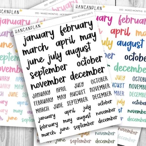 May include: A collection of planner stickers featuring the months of the year in various colors and fonts. The stickers are labeled with the brand name "Hancanplan". The stickers are designed for use in planners and calendars.