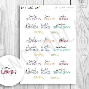 May include: A set of colorful stickers with different categories for goal setting. The categories include family and relationships, fun and recreation, work and learning, physical environment, health and wellness, spiritual and personal growth, and personal and financial.