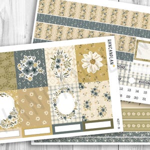 May include: Two sheets of adhesive planner stickers featuring a floral and botanical theme in shades of mustard yellow, sage green, and slate blue. The designs include rectangular boxes, floral bouquets, calendar dates, and the text HANCANPLAN.