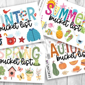 May include: Four colorful seasonal bucket list cards. The "Winter" card features a penguin, hot cocoa, and a blue jacket. The "Summer" card has a sun, pineapple, and flip-flops. "Spring" shows flowers and a birdhouse, and "Autumn" has pumpkins.