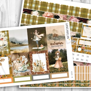 May include: A sticker sheet set featuring autumn-themed illustrations including pumpkins, floral arrangements, and figures in seasonal clothing. The designs incorporate plaid patterns, the text "so very grateful" and "autumn memories," and calendar elements.