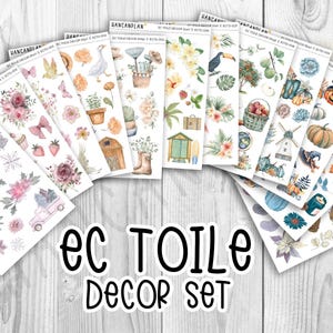 May include: A collection of decorative sticker sheets with various watercolor illustrations. The sheets feature floral designs, farm animals, pumpkins, and other seasonal elements. The text "ec TOILE DECOR SET" is displayed at the bottom.