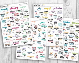 Pode incluir: Um conjunto de 10 folhas de adesivos imprimíveis coloridos com datas de feriados e ocasiões especiais para cada mês do ano. Os adesivos apresentam uma variedade de designs divertidos e festivos, incluindo corações, estrelas e flechas.