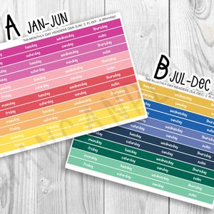 May include: Two planner sticker sheets with the text "JAN-JUN" and "JUL-DEC". Each sheet has color-coded horizontal stripes with days of the week and "notes" written on them. The stickers are on a light wood grain background.