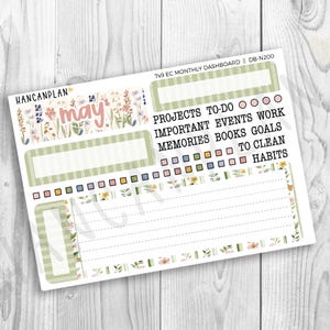 May include: A planner sticker sheet with a floral design and the word "may". The sheet includes boxes for to-do lists, events, and goals. The text "7x9 EC MONTHLY DASHBOARD" is visible. The design incorporates pastel colors and a green and white striped pattern.