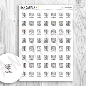 May include: A sheet of 172 planner stickers featuring a black and white illustration of an open journal with a pencil. The text "JOURNAL" is written below each sticker.