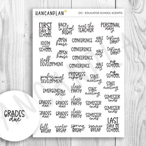 May include: A set of 36 black and white planner stickers with various school-related phrases and dates. The stickers are printed on white paper and have a glossy finish. The stickers are perfect for teachers, students, and parents to use in their planners, journals, and calendars.
