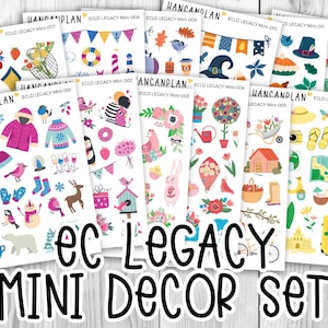 May include: A collection of HANCANPLAN ECLD Legacy Mini sticker sheets featuring various seasonal and holiday-themed illustrations, including winter clothing, floral arrangements, travel items, and festive decorations, all arranged in a layered display.