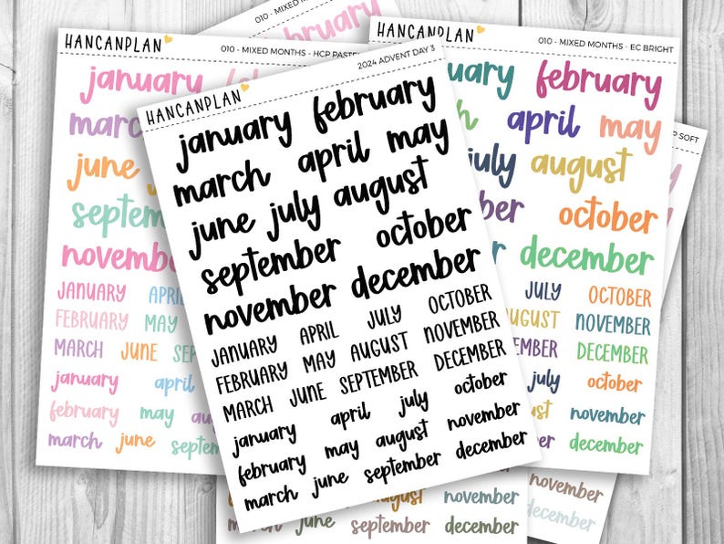 010 - Monthly Mixed Scripts | 9 Colorways | Planner Stickers - Etsy