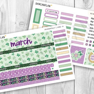 May include: Two sheets of planner stickers with a St. Patrick's Day theme. One sheet features the month of March with shamrock patterns and dates. The other sheet includes various stickers with phrases and icons.