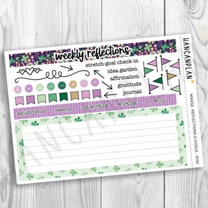 May include: A planner sticker sheet with a St. Patrick's Day theme. The sheet includes sections for weekly reflections, goal check-ins, and journaling. The design features shamrocks, flags, and the text "weekly reflections."