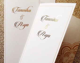 Wedding Program - White, Gold - Custom Colors, Foil, Folded - Ganesh, Lotus Mandala - Indian, Persian Ceremony - Chakra Collection SAMPLE